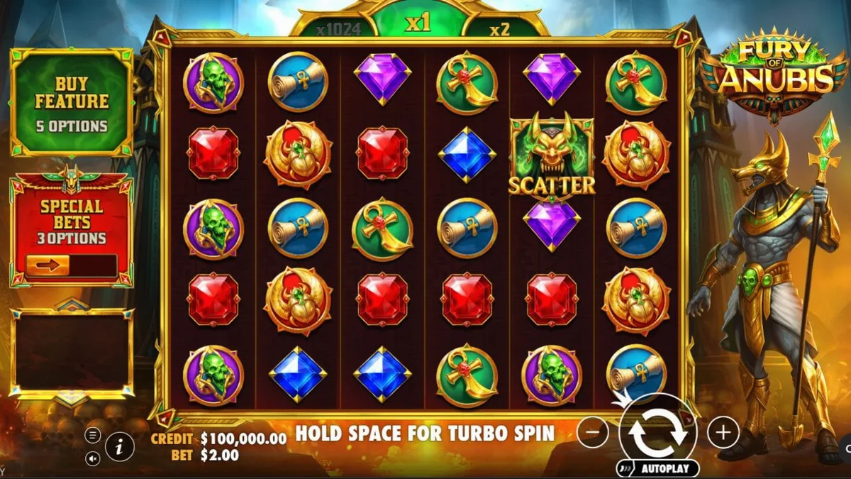 Interface do slot Fury of Anubis com temática egípcia sombria