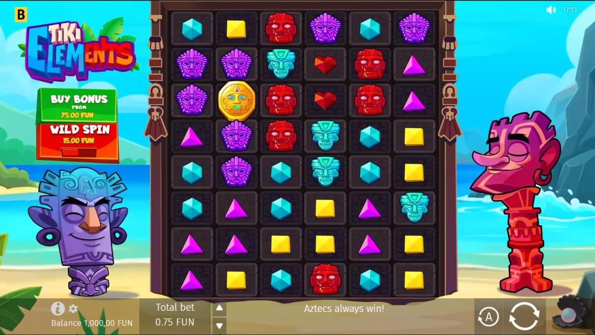 Interface vibrante do slot Tiki Elements com máscaras Tiki e símbolos tropicais