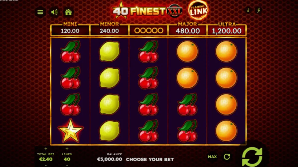 Visual vibrante e neon do slot 40 Finest XXL Flaming Link com símbolos de frutas e fogo